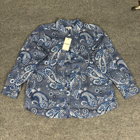 Foxcroft Hampton Plus Denim Paisley Long Sleeve Shirt NWT Size 1X - Picture 1 of 8